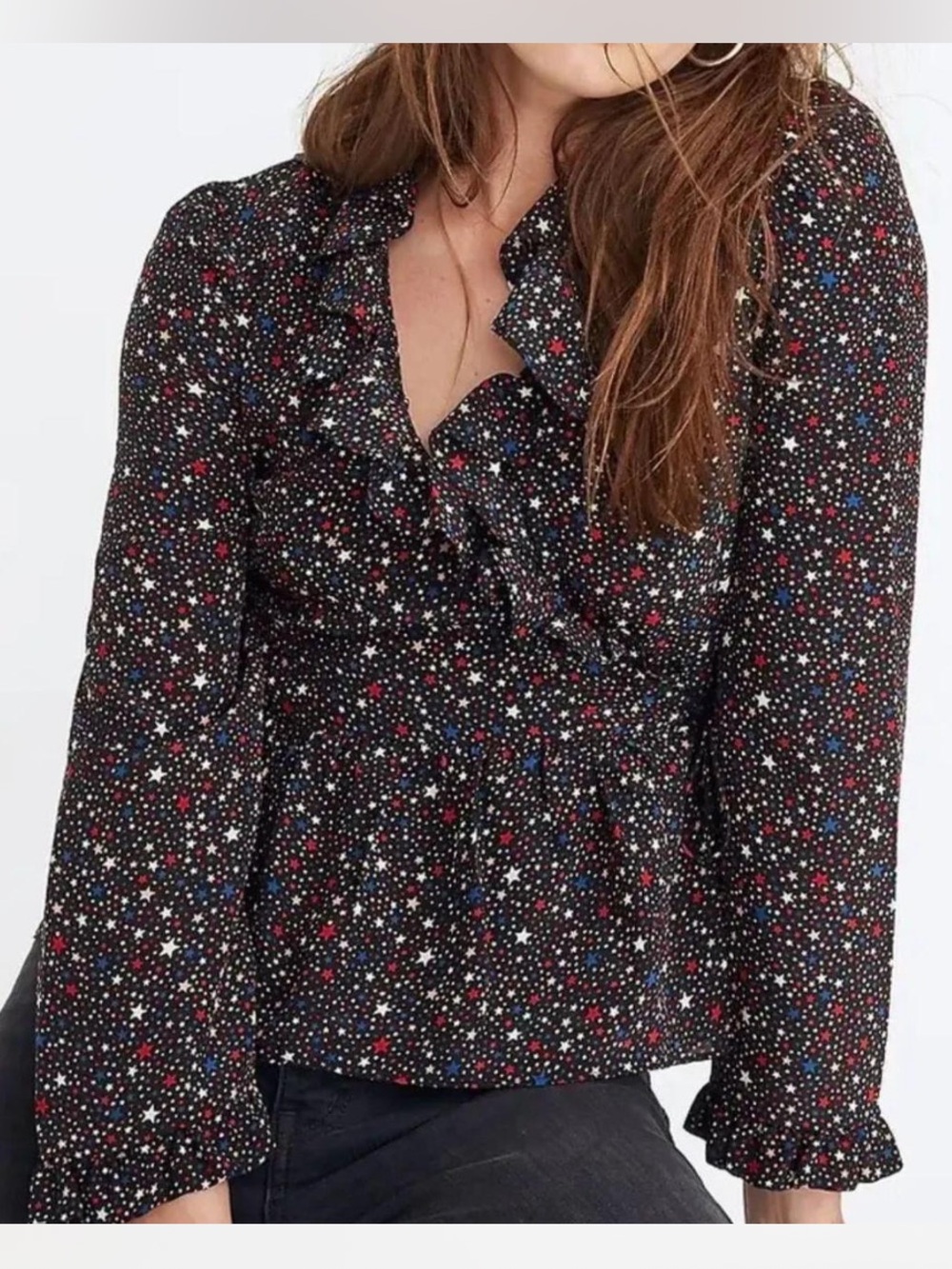Madewell Black Star-Print Ruffle V-Neck Long Sleeve Top